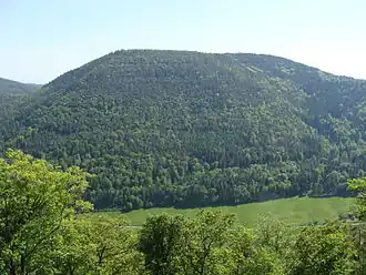 Blick vom Frankenfelsen über das Tal des Modenbachs hinweg südsüdwestwärts zum Roßberg