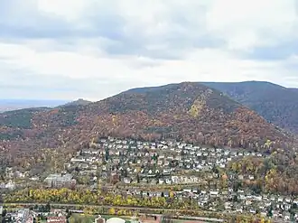 Nollenkopf (mittig), Neustadter Afrikaviertel (vorne), Hohe Loog (rechts hinten), Hambacher Schloss (links hinten)