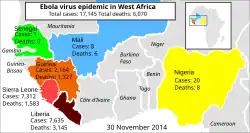 Ebolavirus-Epidemie in Westafrika 2014, betroffene Länder und Zahl der infizierten Personen bzw. Zahl der Todesfälle (inkl. Verdachtsfälle)
