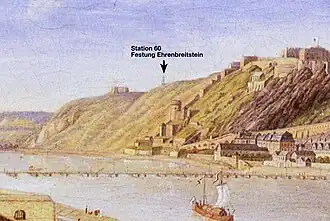 Ausschnitt des gleichen Gemäldes, Station 60: Festung Ehrenbreitstein. Dargestellt ist eine Übertragungssituation mit unterschiedlicher Signalstellung zwischen 60 und 61