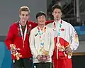 Ehrung der Sieger im Gerätefinale an den Ringen (von links nach rechts): Félix Dolci (Silber), Takeru Kitazono (Gold), Yin Dehang (Bronze)