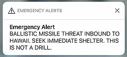 Warnmeldung des falschen Raketenalarms auf Hawaii 2018
