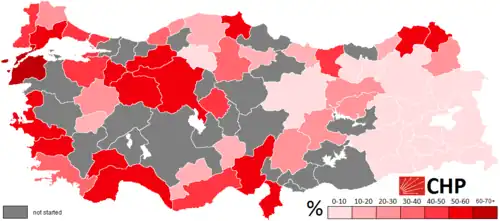 Stimmenanteile der Bürgermeisterkandidaten der CHP nach Provinzen.
