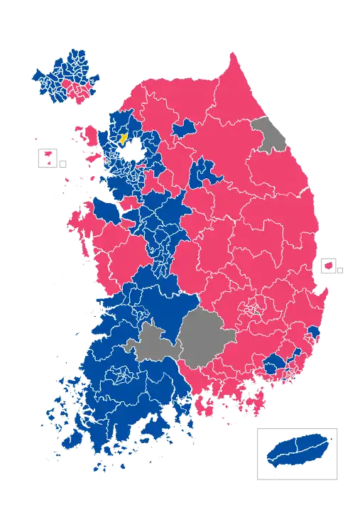 Gewonnene Wahlkreise: ﻿Deobureo-minju-Partei (163) ﻿Mirae-tonghap-Partei (84) ﻿Jeongui-Partei (1) ﻿Unabhängige (5)