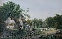 Englische Landschaft mit Hütte, Menschen und Tieren