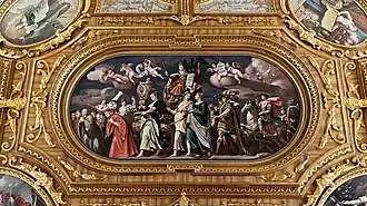 24&nbsp;m² großes Mittelbild, zu sehen „Sapientia“ (die Weisheit) als Frau auf einem Triumphwagen von Weisen gezogen.