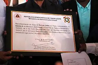 Gründungsurkunde des Sucos, der hier „Koliate Leten“ genannt wird