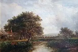 Teich, Bäume und Hütte vor mittenglischer Landschaft, Privatbesitz