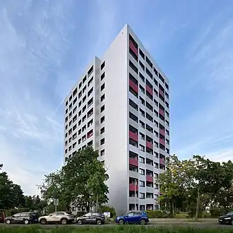 Wohnhochhaus Tischlerzeile/Johannisthaler Chaussee/Severingstraße, Entwurf Otto Scheibe/GEHAG-Planungsabteilung, Ausführung 1963–1965