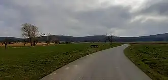 Vorm Ortsausgang Röllbach Blick auf den Langen Berg (mittig)