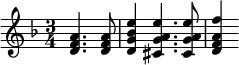  
{ \new Staff   \key d \minor \time 3/4 \partial 2
<d' f' a'>4. <d' f' a'>8 <d' g' bes' e''>4 <cis' g' a' e''>4. <cis' g' a' e''>8 <d' f' a' f''>4 } 
