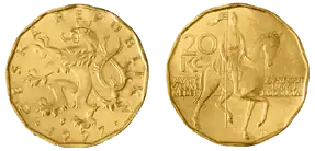 Tschechische 20-Kronen-Münze, mit gerundeten Kanten (1997) links Vorderseite mit dem Böhmischen Löwen, rechts Rückseite mit der Wenzelsstatue am Wenzelsplatz.