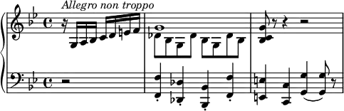 {
\set Score.tempoHideNote = ##t
\new PianoStaff <<
\new Staff { \clef violin \key bes \major \time 4/4 \tempo 4 = 150
\partial 2 r16(^\markup{\italic{Allegro non troppo}} g a bes c' d' e' f'
<< { \voiceOne
g'1
}
\new Voice { \voiceTwo
des'8 bes g des' bes g des' bes
} >> \oneVoice
<bes c' g'>8 r8 r4 r2
}
\new Staff { \clef bass \key bes \major \time 4/4
\partial 2 r2
<f,\staccato f>4 <des,\staccato des> <bes,,\staccato bes,> <f,\staccato f>
<e, e> <c, c> <g, g>4( <g, g>8) r
}
>>
}