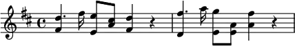 {\key d \major <<{fis'4} {d''8. fis''16}>> <e' e''>8 <a' cis''> <fis' d''>4 r4 <<{d'4} {fis''8. a''16}>> <e' g''>8 <a' e'> <a' fis''>4 r4}