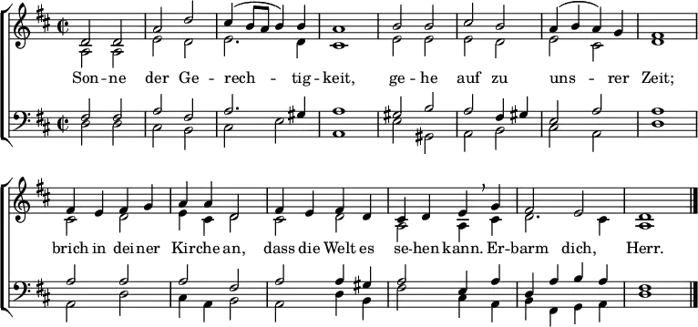 
\header { tagline = ##f }
\layout { indent = 0 \context { \Score \remove "Bar_number_engraver" } }

global = { \key d \major \time 2/2 }

soprano = \relative c' { \global \set Staff.midiPanPosition = -0.5 \set midiInstrument = "flute"
  d2 d | a' d | cis4 (b8 a b4) b | a1 |
  b2 b | cis b | a4 (b a) g | fis1 |
  fis4 e fis g | a a d,2 |
  fis4 e fis d | cis d e \breathe g | fis2 e | d1 \bar "|."
}

alto = \relative c' { \global \set Staff.midiPanPosition = 0.5 \set midiInstrument = "oboe"
  a2 a | e' d | e2. d4 | cis1 |
  e2 e | e d | e cis | d1 |
  cis2 d | e4 cis d2 |
  cis d | a a4 cis | d2. cis4 | a1 \bar "|."
}

tenor = \relative c { \global \set Staff.midiPanPosition = -1 \set midiInstrument = "english horn"
  fis2 fis | a fis | a2. gis4 | a1 |
  gis2 b | a2 fis4 gis | e2 a | a1 |
  a2 a | a fis |
  a2 a4 gis | a2 e4 a | d, a' b a | fis1 \bar "|."
}

bass = \relative c { \global \set Staff.midiPanPosition = 1 \set midiInstrument = "bassoon"
  d2 d | cis b | cis e | a,1 |
  e'2 gis, | a b | cis a | d1 |
  a2 d | cis4 a b2 |
  a2 d4 b | fis'2 cis4 a | b fis g a | d1 \bar "|."
}

verse = \lyricmode {
  Son -- ne der Ge -- rech -- tig -- keit,
  ge -- he auf zu uns -- rer Zeit;
  brich in dei -- ner Kir -- che an,
  dass die Welt es se -- hen kann.
  Er -- barm dich, Herr.
}

\score {
  \new ChoirStaff <<
    \new Staff
    <<
      \new Voice = "soprano" { \voiceOne \soprano }
      \new Voice = "alto" { \voiceTwo \alto }
    >>
    \new Lyrics
      \lyricsto "soprano" \verse
    \new Staff
    <<
      \clef bass
      \new Voice = "tenor" { \voiceOne \tenor }
      \new Voice = "bass" { \voiceTwo \bass }
    >>
  >>
  \layout { }
}
\score { << \soprano \\ \alto \\ \tenor \\ \bass >>
  \midi { \tempo 2=84
      \context { \Score midiChannelMapping = #'instrument }
      \context { \Staff \remove "Staff_performer" }
      \context { \Voice \consists "Staff_performer" }
  }
}

