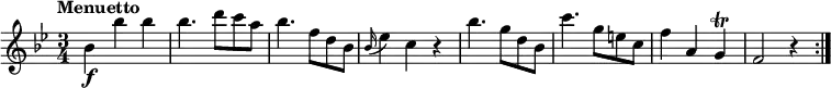 
\relative c'' {
  \version "2.18.2"
    \key bes \major
    \time 3/4
    \tempo "Menuetto"
   bes4\f bes' bes
   bes4. d8 c a
   bes4.  f8 d bes
    \grace bes16 (ees4) c r4
    bes'4. g8 d bes
    c'4. g8 e c
    f4 a, g  \trill
    f2 r4 \bar ":|."
  }
