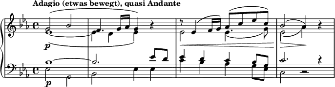 
\relative c'' {
  \new PianoStaff <<
    \new Staff <<
      \new Voice { \set Score.tempoHideNote = ##t \tempo "Adagio (etwas bewegt), quasi Andante" 4 = 45 } {
        \clef "treble" \key es \major \stemUp \set Staff.midiInstrument = #"string ensemble 1" \time 4/4 | % 1
        g2 \p ^( bes2 |
        f4. g16 as16 g4 ) s4 |
        r8 \< es4 ^( f16 g16 ) as8 ^( c8 es8 c8 ) |
        bes2 \! \> ^( as4 \! ) s4 |
      }
      {
        \clef "treble" \key es \major \stemDown \time 4/4 |
        es1 _( _~ |
        es4 d4 es4 ) r4 |
        es2 \! es4. _( g8 ) |
        es2 \! _( as4 ) r4 |
      }
    >>
    \new Staff <<
      \new Voice { \set Staff.midiInstrument = #"string ensemble 1" {
        \clef "bass" \key es \major \stemUp \time 4/4
        bes,1 \p ^~ |
        bes2. es8 d8 |
        es4 d4 c4 bes8 g8 |
        c2. c4\rest |
      }}
      \new Voice {
        \clef "bass" \key es \major \stemDown \time 4/4
        es,2 g,2 |
        bes2 es4 es4 |
        c'4 bes4 as4 g8 es8 |
        c2 c2\rest |
      }
    >>
  >>
}

