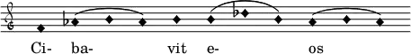  { \clef "petrucci-g" \override Staff.TimeSignature #'stencil = ##f \set Score.timing = ##f \override Voice.NoteHead #'style = #'harmonic-black f'1 as'1 (b'1 as'1) b'1 b'1 (des''1 b'1) as'1 (b'1 as'1) } \addlyrics { Ci- ba- vit e-  os } 