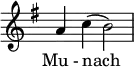 \relative c'' { \override Staff.TimeSignature #'stencil = ##f \key g \major \autoBeamOff a4 c( b2) } \addlyrics { Mu_- nach _ }