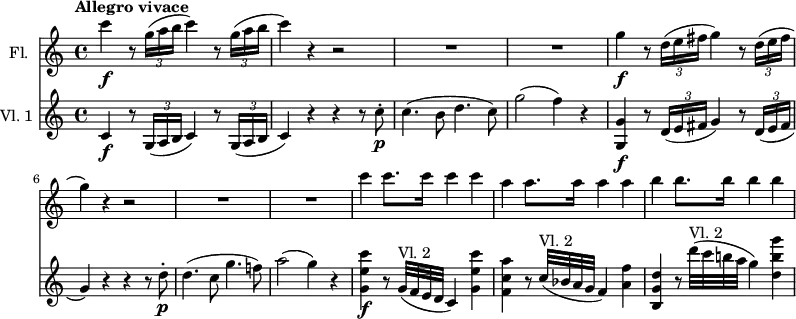 
<<
\new Staff \with { instrumentName = #"Fl.  "}  \relative c'' {
  \version "2.18.2"
  \key c \major
  \set Score.tempoHideNote = ##t
  \tempo "Allegro vivace" 4 = 140
  \time 4/4
  \set Staff.midiInstrument = "flute"
  c'4\f r8 \times 2/3 { g16( a b } c4) r8 \times 2/3 { g16( a b } |
  c4) r r2 | R1 | R1 |
  g4\f r8 \times 2/3 { d16( e fis } g4) r8 \times 2/3 { d16( e fis } |
  g4) r4 r2 | R1 | R1 |
  c4 c8. c16 c4 c |
  a4 a8. a16 a4 a |
  b4 b8. b16 b4 b |
}
\new Staff \with { instrumentName = #"Vl. 1 "} \relative c'' {
  \key c \major
  \time 4/4
  \set Staff.midiInstrument = "violin"
  c,4\f r8 \times 2/3 { g16( a b } c4) r8 \times 2/3 { g16( a b } |
  c4) r r r8 c'-.\p |
  c4.( b8 d4. c8) |
  g'2( f4) r |
  <g, g,>4\f r8 \times 2/3 { d16( e fis } g4) r8 \times 2/3 { d16( e fis } |
  g4) r r r8 d'-.\p |
  d4.( c8 g'4. f!8) |
  a2( g4) r |
  <g, e' c'>\f r8 g32^"Vl. 2"( f e d c4) <g' e' c' > |
  <f  c' a'> r8 c'32^"Vl. 2"( bes a g f4) <a f'> |
  <b, g' d'> r8 d''32^"Vl. 2"( c b! a g4) <d  b' g'> |
}
>>
