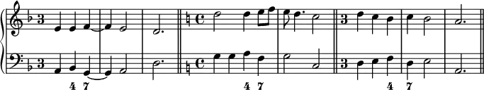 
\version "2.14.2"
\header {
  tagline = ##f
        }
melody = \relative c' {
%  \override Score.TimeSignature.stencil=##f
  \key f \major
  \once \override Staff.TimeSignature.style = #'single-digit
  \time 3/4
  \tempo 4 = 132
e4 e f~ | f e2 | d2. \bar "||" \set Staff.explicitKeySignatureVisibility = #all-invisible
\override Staff.KeySignature.break-visibility = #all-invisible \key c \major
\time 4/4 d'2 d4 e8 f | e d4. c2 \bar "||"
\once \override Staff.TimeSignature.style = #'single-digit \time 3/4  d4 c b | c b2 | a2. \bar "||" }

bass = \relative c {
%  \override Score.TimeSignature.stencil=##f
  \clef bass
  \key f \major
  \once \override Staff.TimeSignature.style = #'single-digit
  \time 3/4
a4 bes g~ | g a2 | d2.
\set Staff.explicitKeySignatureVisibility = #all-invisible
\override Staff.KeySignature.break-visibility = #all-invisible \key c \major
\time 4/4 g4 g a f | g2 c,2
\once \override Staff.TimeSignature.style = #'single-digit \time 3/4 d4 e f | d e2 | a,2. }

\score {
  \new PianoStaff
    << \new Staff = "melody" \melody
       \new Staff = "bass" \bass
       \new FiguredBass { \figuremode { s4 <4> <7> | s2. s2. s2 <4>4 <7> | s1 s2 <4>4 <7> } } >>
  \layout {

    \context {
      \Score
      \remove "Metronome_mark_engraver"
      \remove "Staff_collecting_engraver"
      \remove "Bar_number_engraver"
    }
  indent = 0
  }
  \midi { }
}
