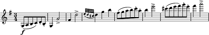 \relative g {
\key g \major \time 3/4
g8( \f a b c) d-. b-.
g4 g'2->
fis4 d'2->
\grace { e32( d cis } d4) g b
fis8( g a b) c-. a-.
b4 e2->
cis8( d e fis) g-. e-.
fis4 a2->
}