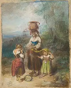 Farbzeichnung mit einer Frau, die einen Krug auf dem Kopf trägt und ein Kind an der Hand führt. Vor der Frau steht ein Kind mit einem zerbrochenen Krug vor den Füßen, dass sich ein Tuch vor das Gesicht hält.