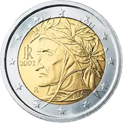 Porträt Dante Alighieris von Raffael auf der italienischen 2-Euro-Münze