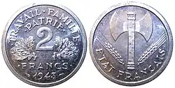 Revers und Avers einer 2 Francs-Münze (1943)
