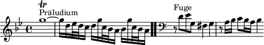 
\version "2.18.2"
\header {
  tagline = ##f
}

\score {
  \new Staff \with {
%fontSize = #-2
  }
<<
  \relative c'' {
    \key g \minor
    \time 4/4

     %% INCIPIT CBT I-16, BWV 861, sol mineur
     s4*0^\markup{Präludium} g'1~\trill g16 d ees32 d c16 d g c,32 bes a16 bes16 g' c,32 bes a16 
 \bar ".."
      \skip 8*1
      %\once \override Staff.Clef.full-size-change = ##t
     \override Staff.Clef.extra-offset = #'( -1 . 0 )
      \clef bass
      \partial 1
      \relative c
      r8^\markup{Fuge} d,8 ees g, fis4 g r8 a16 bes c8 bes16 a bes4
  }
>>
  \layout {
     \context { \Score \remove "Metronome_mark_engraver" 
     \override SpacingSpanner.common-shortest-duration = #(ly:make-moment 1/2) 
   }
  }
  \midi {}
}
