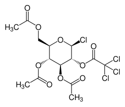 Strukturformel von 3,4,6-Tri-O-acetyl-2-O-trichloracetyl-β-D-glucopyranosylchlorid