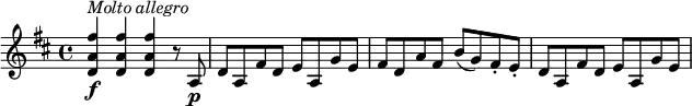 \relative c' {
\version "2.18.2"
\key d \major
<d a' fis'>4\f^\markup { \italic { Molto allegro} } q q r8 a\p |
d8 a fis' d e a, g' e |
fis8 d a' fis b( g) fis-. e-. |
d8 a fis' d e a, g' e |
}