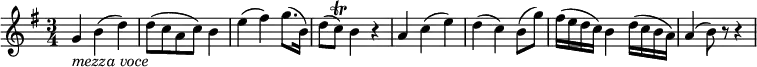 { \relative g' { \key g \major \time 3/4
g4 _\markup{ \italic "mezza voce" } b( d) | d8( c a c) b4 | e4( fis) g8.( b,16) | d8( c) \trill b4 r |
a4 c( e) | d4( c) b8( g') | fis16( e d c) b4 d16( c b a) | a4( b8) r r4 }}
\layout { \context { \Score \override SpacingSpanner.common-shortest-duration = #(ly:make-moment 1/8) }}