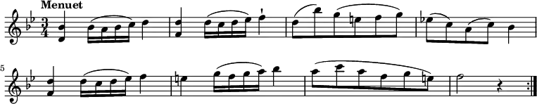 
\relative c'' { 
   \version "2.18.2"
   \clef "treble" 
   \tempo "Menuet" 
   \key bes \major
   \time 3/4
       <d, bes'>4 bes'16 (a bes c) d4
       <f, d'>4 d'16 (c d ees ) f4-!
       d8 (bes') g (e f g)
       ees! (c) a (c) bes4
       <f d'>4 d'16 (c d ees ) f4
       e4 g16 (f g a ) bes4
       a8 (c a f g e)
       f2 r4 \bar ":|."
}
