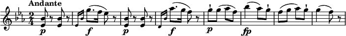 
\relative c' { 
     \version "2.18.2"
     \clef "treble" 
     \tempo "Andante" 
     \key ees  \major
      \time 2/4
    <ees bes'>8 \p r8 <ees bes'>8 r8
    \grace {ees16  bes'16} g'8. \f (f16 ees8) r8
    <ees, bes'>8 \p r8 <ees bes'>8 r8
    \grace {d16 bes'16} aes'8. \f (g16 f8) r8
    g-!\p g (aes f)
    bes4\fp (aes8) g-!
    f (g aes) g-!
    g4 (f8) r8
}
