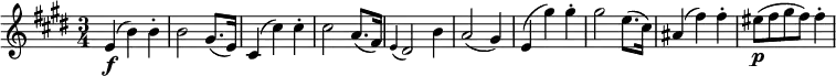 { \relative e' { \key e \major \time 3/4
e4( \f b') b-. | b2 gis8.( e16) | cis4( cis') cis-. | cis2 a8.( fis16) | \appoggiatura e4 dis2 b'4 | a2( gis4) |
e4( gis') gis-. | gis2 e8.( cis16) | ais4( fis') fis-. | eis8( \p fis gis fis) fis4-. }}