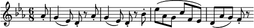 \relative as' {
\key es \major \time 6/8
\partial 8 as8-. | g4( es8) d-. r as'-. | g4( es8) d-. r bes'-.
es8( as, g c f, es) | d8( as' g) f-. r
}