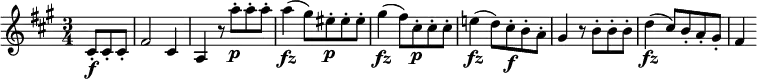 { \relative cis' { \key fis \minor \time 3/4
\partial 4. cis8-. \f cis-. cis-. | fis2 cis4 | a4 r8 a''8-. \p a-. a-. |
a4( \fz gis8) eis-. \p eis-. eis-. | gis4( \fz fis8) cis-. \p cis-. cis-. |
e!4( \fz d8) cis-. \f b-. a-. | gis4 r8 b-. b-. b-. | d4( \fz cis8) b-. a-. gis-. | fis4
}}