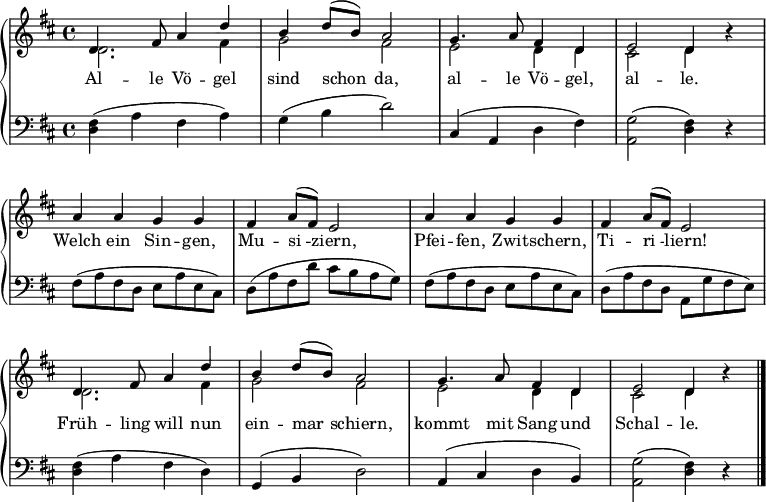 \language "deutsch"
\header { tagline = ##f }
\score
{
{ \new PianoStaff <<
\new Staff \with { \consists "Merge_rests_engraver" } {
\key d \major \relative g' <<
{ \voiceOne
d4. fis8 a4 d | h d8 (h) a2 | g4. a8 fis4 d | e2 d4 r |
\repeat unfold 2 {a' a g g | fis a8( fis) e2 | }
d4. fis8 a4 d | h d8 (h) a2 | g4. a8 fis4 d | e2 d4 r \bar "|."
}
\addlyrics {
Al -- le Vö -- gel sind schon_ da,
al -- le Vö -- gel, al -- le.
Welch ein Sin -- gen, Mu -- si_ -- ziern,
Pfei -- fen, Zwit -- schern, Ti -- ri_ -- liern!
Früh -- ling will nun ein -- mar_ -- schiern,
kommt mit Sang und Schal -- le. }
\\
{ d2. fis4 | g2 fis |e d4 d | cis2 d4 r4 |
s1 | s1 |s1 | s1 |
d2. fis4 | g2 fis | e d4 d | cis2 d4 r
}
\new Staff { \clef bass
<< \key d \major \relative g
{ <fis d>4 (a fis a) | g (h d2) | cis,4 (a d fis) | <g a,>2 (<fis d>4) r4 |
fis8\pp (a fis d e a e cis) | d (a' fis d' cis h a g) |
fis8 (a fis d e a e cis) | d (a' fis d a g' fis e) |
<fis d>4\mf (a fis d) | g, (h d2) | a4 (cis d h) | <g' a,>2 (<fis d>4) r4
}
>>
}
>>
}
>>
}
\layout { indent = 0
\context { \Score \remove "Bar_number_engraver" }
\context { \Voice \remove "Dynamic_engraver" } }
\midi { \tempo 4 = 132 }
}