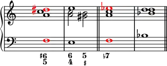 \new PianoStaff <<
\new Staff {
\override Staff.TimeSignature.transparent = ##t
\new Voice = "right" { \transpose c a
\relative c' { \clef treble <c es \tweak NoteHead.color #red \tweak Accidental.color #red fis>1 << { \voiceOne g' } \new Voice { \voiceTwo <c, es>2 <b d> } >> \oneVoice <>1 \bar "||" <c es \tweak NoteHead.color #red \tweak Accidental.color #red ges>1 << { \voiceOne f } \new Voice { \voiceTwo <f des> } >> \bar "||" }
}
}
\new Staff {
\override Staff.TimeSignature.transparent = ##t
\new Voice = "left" { \transpose c a
\relative c { \clef "bass" \tweak NoteHead.color #red \tweak Accidental.color #red as1 g \tweak NoteHead.color #red \tweak Accidental.color #red as des }
}
}
\new FiguredBass {
\figuremode { <6+ 5>1 <6 4>2 <5 _+> <7->}
}
>>