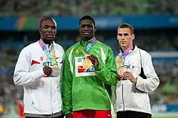 Die Medaillengewinner LaShawn Merritt, Kirani James, Kévin Borlée (v.&nbsp;l.&nbsp;n.&nbsp;r.) auf dem&nbsp;Podium