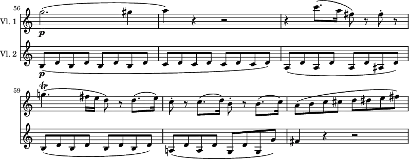 
<<
\new Staff \with { instrumentName = #"Vl. 1 "}  \relative c'' {
    \version "2.18.2"
    \key c \major
    \set Score.tempoHideNote = ##t
    \time 4/4
    \set Staff.midiInstrument = "violin"
    \tempo 4 = 140
    \omit Staff.TimeSignature
    \set Score.currentBarNumber = #56
    \bar "" % enforce bar number at the very beginning
    g'2.\p( gis4 |
    a) r4 r2 |
    r4 c8.( a16 fis8) r8 fis-. r8 |
    g!4.\trill( fis16 e d8) r8 d8.( e16) |
    c8-. r8 c8.( d16) b8-. r8 b8.( c16) |
    a8( b c cis d dis e fis) |
}
\new Staff \with { instrumentName = #"Vl. 2 "} \relative c'' {
    \key c \major
    \time 4/4
    \set Staff.midiInstrument = "violin"
    \omit Staff.TimeSignature
    b,8\p( d b d b d b d |
    c d c d c d c d) |
    a( d a d a d ais d) |
    b( d b d b d b d) |
    a!( d a d g, d' g, g') |
    fis4 r4 r2 |
}
>>
