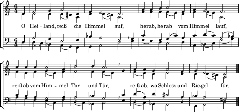 
\header { tagline = ##f }
\layout { indent = 0 \context { \Score \remove "Bar_number_engraver" } }

global = { \key d \dorian \time 6/4 \partial 4 }

soprano = \relative c' { \global
  d4 | f2 g4 a2 d,4 | f e2 d2. |
  a'4 a b c2 f,4 | a g2 f2. |
  c'4 c c c2 a4 | d2 d4 c2. |
  a4 a g a2 f4 | g e2 \set Score.tempoHideNote = ##t \tempo 4=60 d \bar "|."
}

alto = \relative c' { \global
  d4 | d2 d4 d (cis) a | d d (cis) a2. |
  f'4 f f f (e) d | f f (e) a,2. |
  f'4 e f g (e) f | f2 f4 f (e) \breathe g |
  f (e) d e2 d4 | d d (cis) a2 \bar "|."
}

tenor = \relative c' { \global
  d,4 | a'2 g4 e2 f4 | bes a2 f2 \breathe g4 |
  c2 f,4 g (c) a | c d (c) a2 (bes4) |
  c4 b a g2 a4 | a2 bes4 g2 \breathe c4 |
  d (a) d cis2 a4 | bes a2 fis \bar "|."
}

bass = \relative c { \global
  d4 | d (c) bes a (g) f | g a2 d e4 |
  f (e) d c2 d4 | a bes (c) f2 (g4) |
  a g f e (c) f | d (c) bes c2 e4 |
  d (c) bes a2 d4 | g, a2 d \bar "|."
}

verse = \lyricmode {
  O Hei -- land, reiß die Him -- mel auf,
  he -- rab, he -- rab vom Him -- mel lauf,
  reiß ab vom Him -- mel Tor und Tür,
  reiß ab, wo Schloss und Rie -- gel für.
}

\score {
  \new ChoirStaff <<
    \new Staff \with {
      midiInstrument = "oboe"
    } <<
      \new Voice = "soprano" { \voiceOne \soprano }
      \new Voice = "alto" { \voiceTwo \alto }
    >>
    \new Lyrics \with {
      \override VerticalAxisGroup #'staff-affinity = #CENTER
    } \lyricsto "soprano" \verse
    \new Staff \with {
      midiInstrument = "bassoon"
    } <<
      \clef bass
      \new Voice = "tenor" { \voiceOne \tenor }
      \new Voice = "bass" { \voiceTwo \bass }
    >>
  >>
  \layout { }
  \midi {
    \tempo 4=120
  }
}
