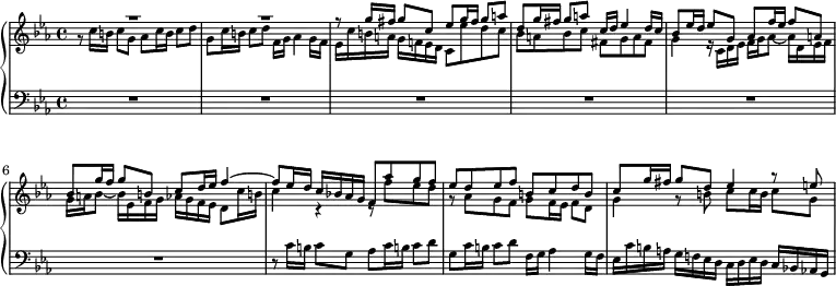 \new PianoStaff { <<
\new Staff \with { \magnifyStaff #3/4 } {
\key c \minor \clef "treble" <<
\relative g'' {
\override MultiMeasureRest.staff-position = #4 R1
R1
f8\rest g16 fis g8 c, es g16 fis g8 a
d,8 g16 fis g8 a c,16 d es4 d16 c
bes8 es16 d es8 g, as f'16 es f8 a,
bes8 g'16 f g8 b, c d16 es f4~
f8 es16 d c bes! as g f8 as' g f
es8 d es f b, c d b
c8 g'16 fis g8 d es4 a8\rest e
} \\
\relative c'' {
g8\rest c16 b c8 g as c16 b c8 d
g,8 c16 b c8 d f,16 g as4 g16 f
es16 c' b a g f! es d c8 es' d c
bes8 a bes c fis, g a fis
g4 e16 \rest c d es f g as8~ as16 d, es f
g16 a bes8~ bes16 es, f g as g f es d8 c'16 b!
c4 c,\rest c8\rest f' es d
g,8\rest as g f g f16 es f8 d
g4 g8\rest b c8 c16 b c8 g
}
>>
}
\new Staff \with { \magnifyStaff #3/4 } \relative c' {
\key c \minor \clef "bass"
R1 * 6
r8 c16 b c8 g as c16 b! c8 d
g,8 c16 b c8 d f,16 g as4 g16 f
es16 c' b a g f! es d c d es d c bes! as! g
}
>>
}
\midi { \tempo 4 = 76 }