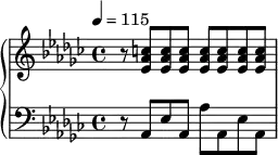  {
\new PianoStaff <<
\new Staff { \tempo 4=115 \clef violin \key es \minor \time 4/4 { r8 <es' aes' c''>8 <es' aes' c''>8 <es' aes' c''>8 <es' aes' c''>8 <es' aes' c''>8 <es' aes' c''>8 <es' aes' c''>8 } }
\new Staff { \clef bass \key es \minor \time 4/4 { r8 aes,8 es8 aes,8 aes8 aes,8 es8 aes,8} }
>> }