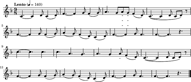 
\relative c' { \key f \major \time 9/8 \tempo "Lento" 4 = 140 \set Staff.midiInstrument = #"violin"
c4. ~ c4 d8  c4 ( d8 ) | f4. ~ f4 g8  f4 ( g8 ) | a4. g8 a g f4 ( d8 ) | c4. ~ ( c4 d8 c d ) r8 |\break
f4. ~ f4 g8  f4 ( g8 ) | a4 ( g8 ) f4 ( d8 ) c4 ( d8 ) | f4. ~ f4 g8 f4.| f4. ~ f4. r4. |\break
c'4. ~ c c | c4. a4. g4. | a4. g4 a8 f4 ( d8 ) | c4. ~ ( c4  d8 c d ) r8 |\break
f4. ~ f4 g8  f4 ( g8 ) | a4 ( g8 ) f4 ( d8 ) c4 ( d8 ) | f4. ~ f4 g8 f4.| f4. ~ f4. r4. \bar "|."}
\addlyrics {
아 리 랑 아 리 랑 아 라 - - 리 요
아 리 랑 고 개 로 넘 어 간 다
나 를 버 리 고 가 시 는 임 은
십 리 도 못 가 서 발 병 난 다}
\addlyrics {
아 리 랑 아 리 랑 아 라 - - 리 요
아 리 랑 고 개 로 넘 어 간 다
청 천 하 늘 엔 별 도 - 많 고
우 리 네 가 슴 엔 꿈 도 많 다}
\addlyrics {
아 리 랑 아 리 랑 아 라 - - 리 요
아 리 랑 고 개 로 넘 어 간 다
저 기 저 산 이 백 두 산 이라 지
동 지 섣 달 에 도 꽃 만 핀 다}
