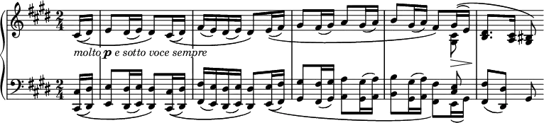 
{ \new PianoStaff <<
    \new Staff = "right" {
      <<
        \relative cis' {
          \key cis \minor \time 2/4 \partial 8 \set Score.tempoHideNote = ##t \tempo 4=64
          cis16(\( _\markup { \whiteout { \italic "molto" \dynamic "p" \italic "e sotto voce sempre" } } dis)
          e8 dis16( e) dis8\) cis16(\( dis)
          fis16( e) dis( e) dis8\) e16(\( fis)
          gis8 fis16( gis) a8 gis16( a)
          b8 gis16( a) fis8\) \slurUp \phrasingSlurUp gis16(\( \> e)
          <b dis>8. \! <a cis>16 <gis bis>8\)
        }
        \relative gis {
          \key cis \minor \time 2/4 \partial 8
          \stemDown s8 s2 * 3 s4. <gis cis>8
        }
      >>
    }
    \new Staff = "left" {
      <<
        \clef bass \relative cis {
          \key cis \minor \time 2/4 \partial 8
          \stemUp s8 s2 * 3 s4. <cis e>8
        }
        \relative cis, {
          \key cis \minor \time 2/4 \partial 8
          \phrasingSlurDown <cis cis'>16(\( <dis dis'>)
          <e e'>8 <dis dis'>16( <e e'>) <dis dis'>8\) <cis cis'>16(\( <dis dis'>)
          <fis fis'>16( <e e'>) <dis dis'>( <e e'>) <dis dis'>8\) <e e'>16(\( <fis fis'>)
          <gis gis'>8 <fis fis'>16( <gis gis'>) <a a'>8 <gis gis'>16( <a a'>)
          <b b'>8 <gis gis'>16( <a a'>) \stemDown \slurDown <fis fis'>8\) e16( gis)
          \stemUp <fis fis'>8( <dis dis'>) gis
        }
      >>
    }
  >>
}
