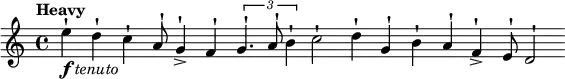 
\new Score {
  \new Staff {
    \relative c'' {
      \clef treble
      \key c \major
      \tempo "Heavy"
      \cadenzaOn
      e4^!-\markup {\dynamic f \italic tenuto} d^! c^! a8^! g4^!-> f^! \tuplet 3/2 {g4.^! a8^! b4^!} c2^! d4^! g,^! b^! a^! f^!-> e8^! d2^!
    }
  }
}
