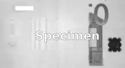 Vorderseite bei 1000&nbsp;nm: Die meisten Farben sind verschwunden (die Europaflagge oben links), sodass die Papierstruktur gut sichtbar ist. Die Wasserzeichen (links) sind gut zu erkennen.