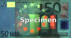 Vorderseite bei 254&nbsp;nm Die Folie des Kinegramms unten rechts leuchtet nicht mehr. Dafür treten die Sterne der Europaflagge und die EURion-Kreise rot hervor.